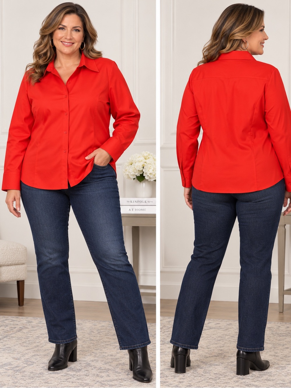 Jones New York Collection Woman Non Iron Red Button-Front Blouse Size 20W Plus